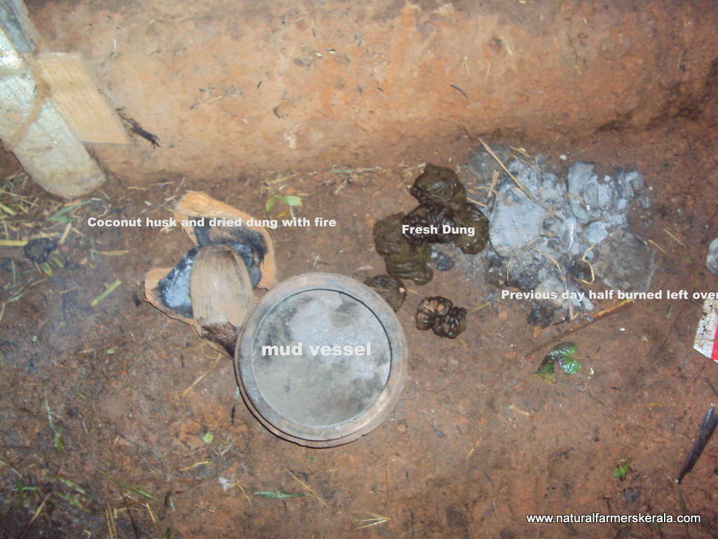 mud vessel, coconut husk, dried and fresh dung to create smoke